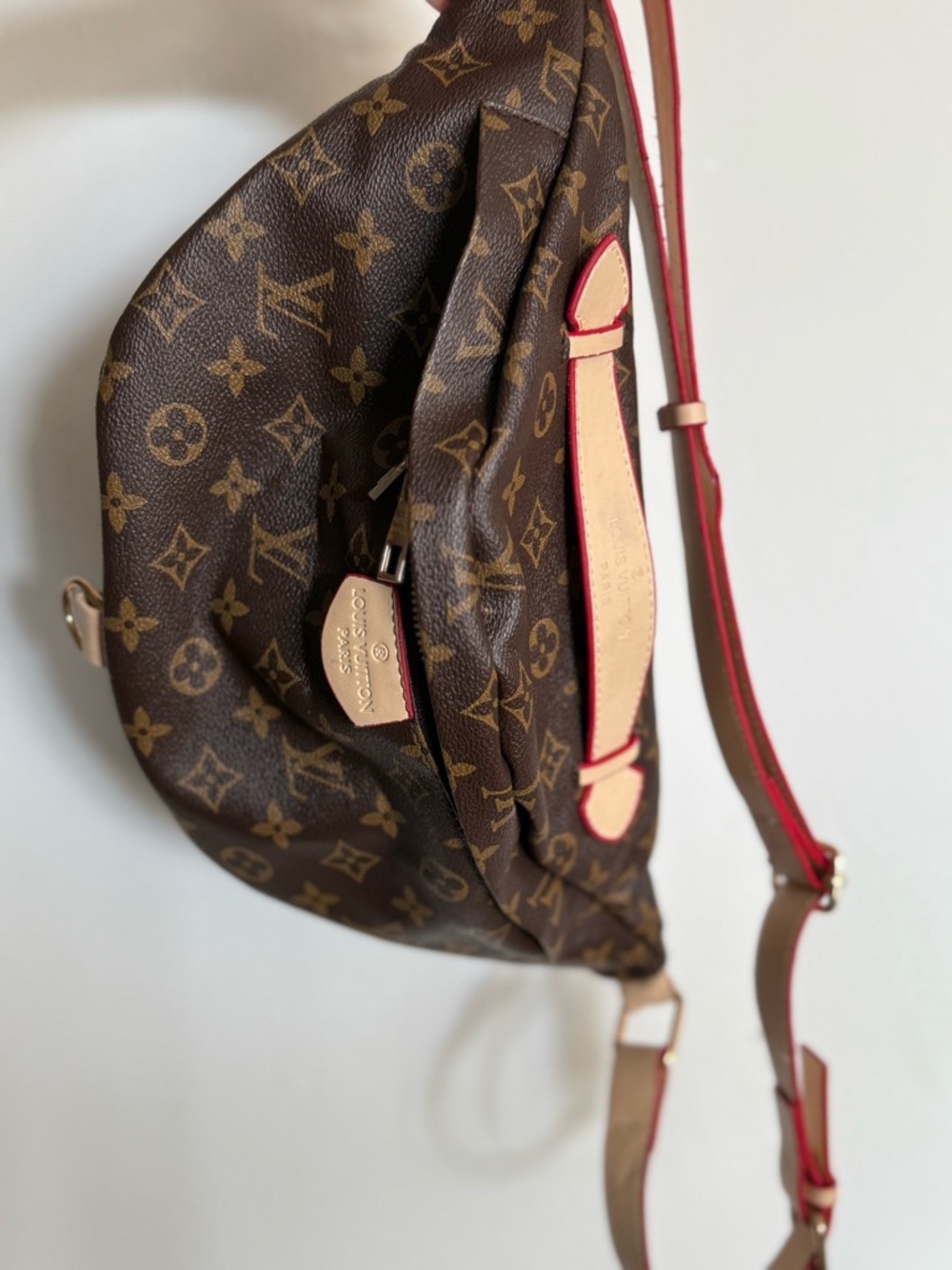 LV Brown Monogram Crossbody Bag with Red Trim